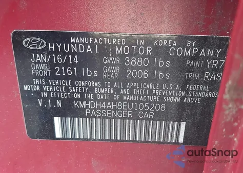 2014 Hyundai Elantra Se/Sport/Limited from USA, damaged, VIN KMHDH4AH8EU105208